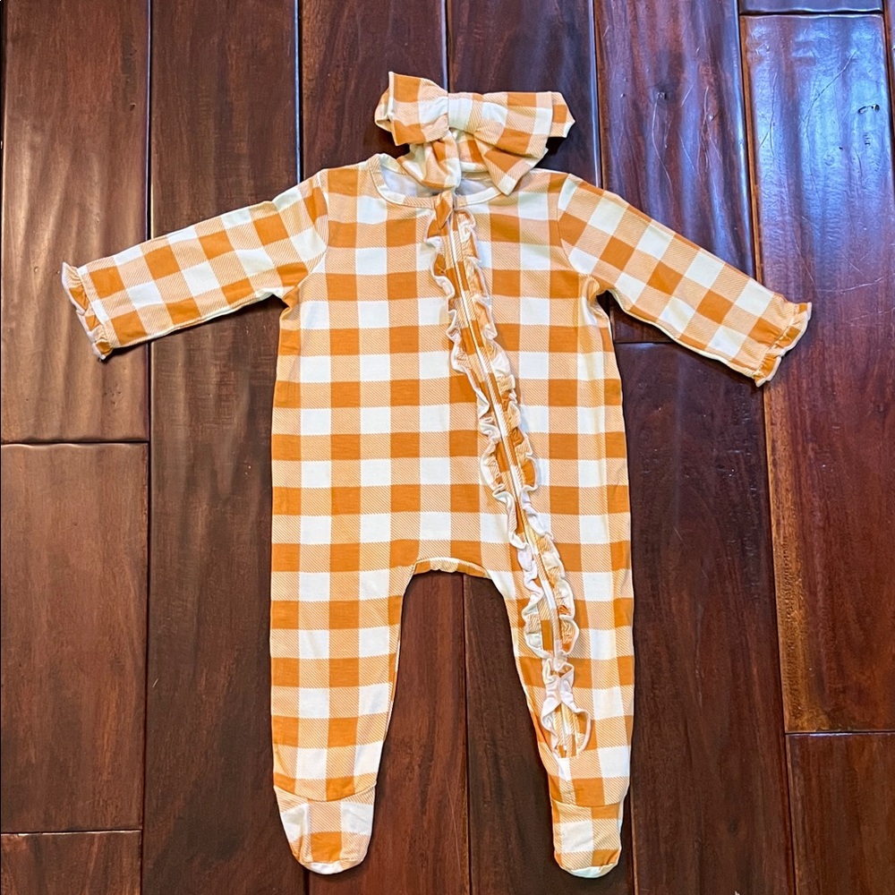 Mud Pie Orange and White Gingham  Footie With Matching Bow
